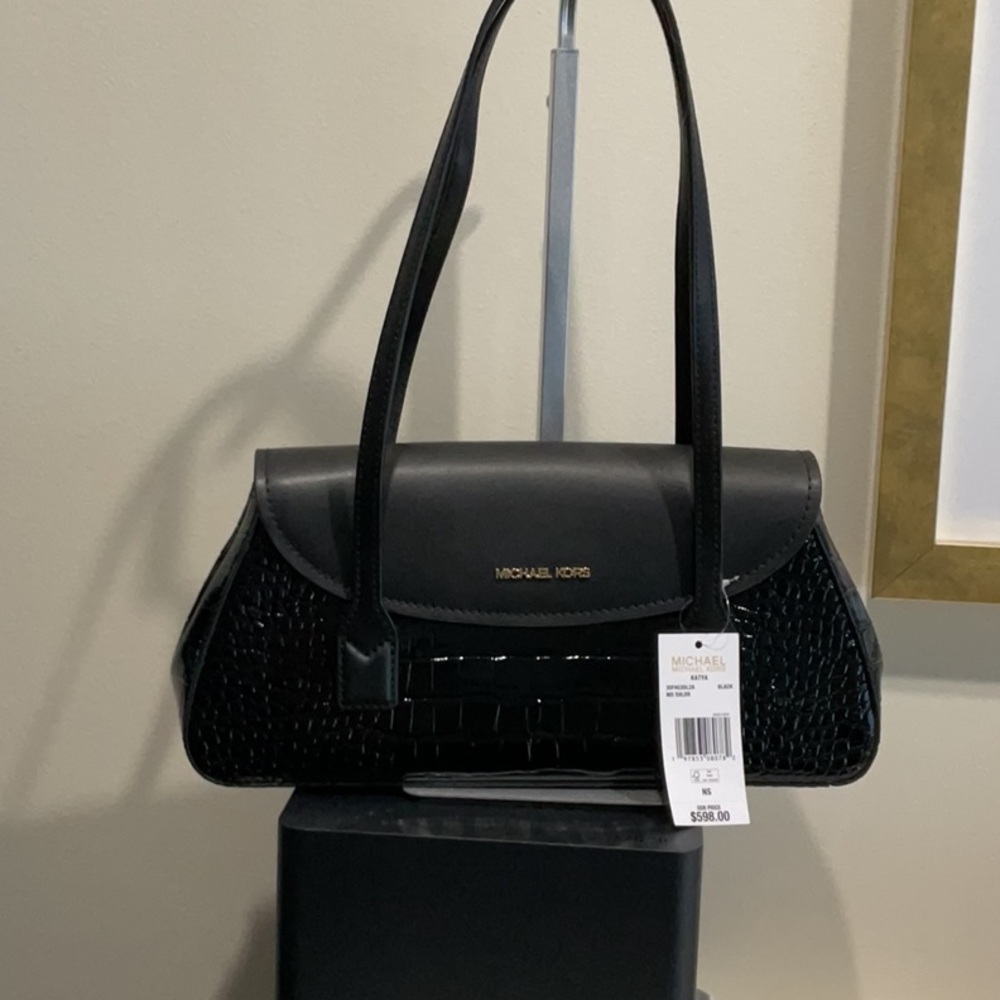 Michael K Katya Black Croc-Pattern Shoulder Bag NWT